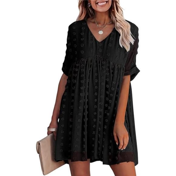Casual V Neck Short Sleeve Swiss Dot Ruffle Loose Flowy Mini Babydoll Dress - Picture 7 of 7